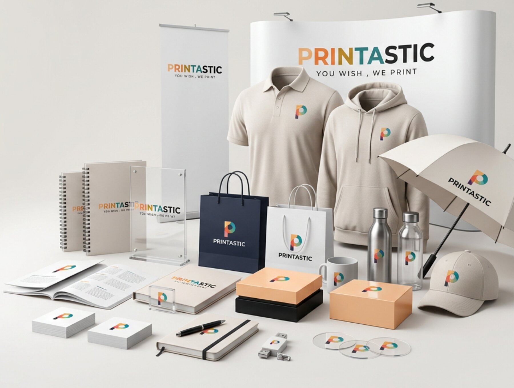 Printastic branded merchandise showcase: business cards, notebooks, tote bags, polo shirts, hoodies, umbrella, water bottles, cap, exhibition banner and backdrop, all printed with the Printastic logo